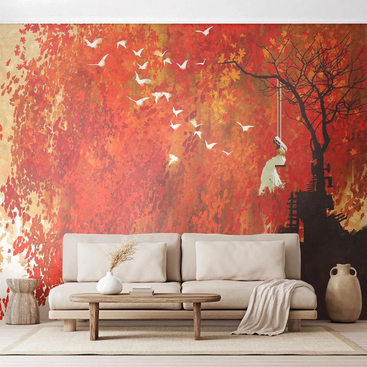 Papier Peint Photo Premium Sand - Illustration d'automne avec un arbre, une balançoire et des oiseaux - 100x70cm - S'envolera-t-il avec eux ? - Décoration murale moderne pour le salon et la chambre ARTTOR