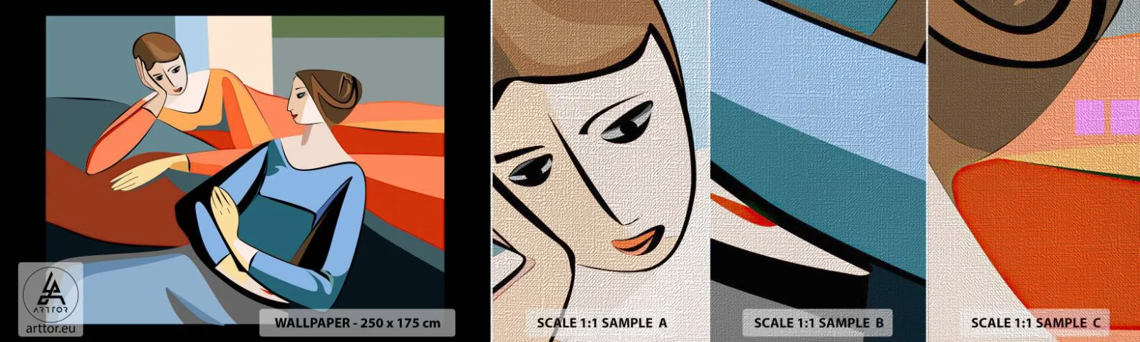 Échantillon de Papier Peint Premium Canvas - Un moment de confiance - Cubisme, Portrait, Femmes - 100x30 cm