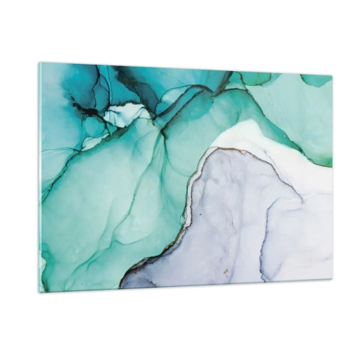 Impression sur verre - Image sur verre - Une peinture abstraite aux tons turquoise et blanc, avec des craquelures délicates. - 120x80cm - Étude de turquoise - Décoration murale moderne pour le salon et la chambre ARTTOR