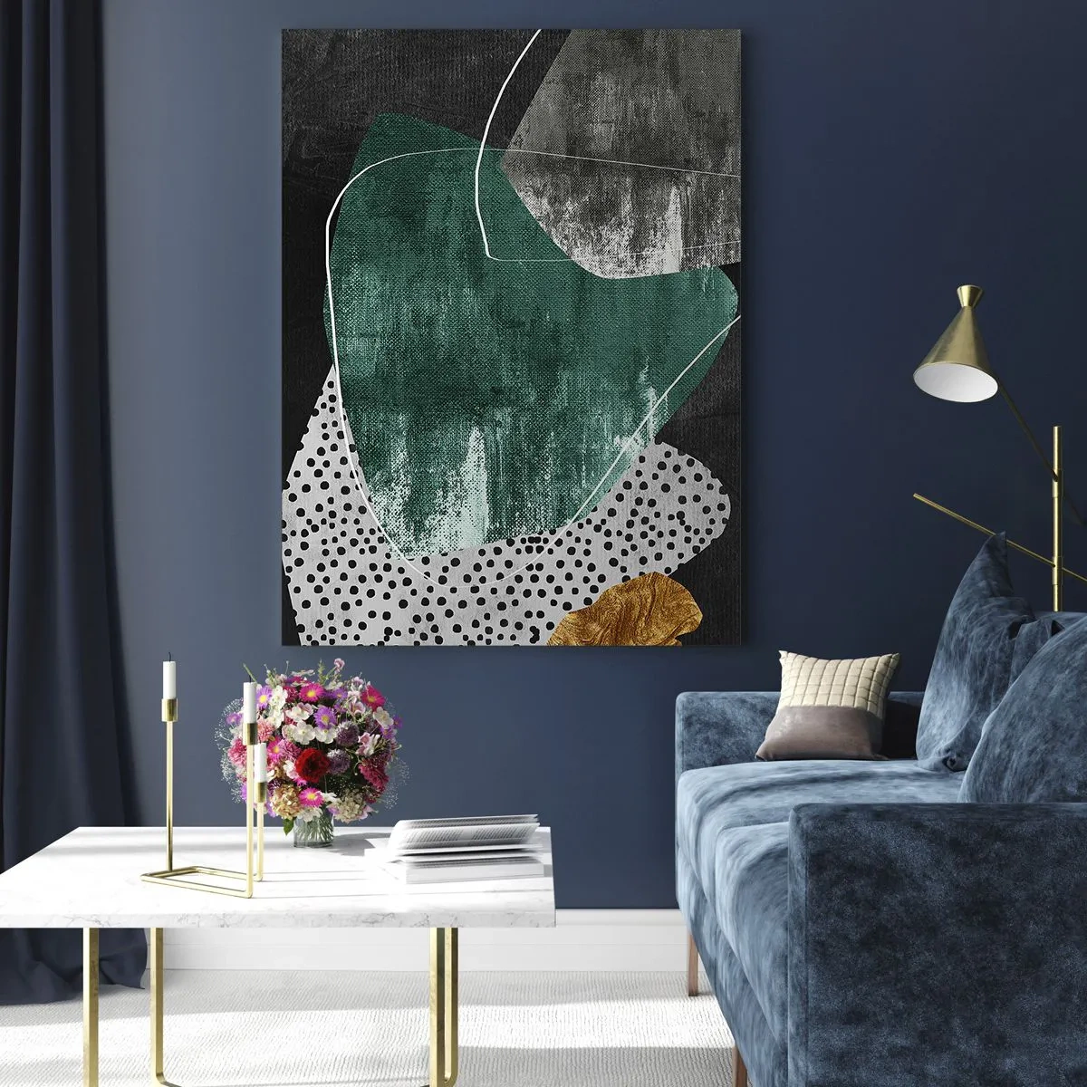 Impression sur verre - Image sur verre - Composition abstraite avec des formes vertes et des motifs à pois - 80x120cm - Abstraction colorée avec feuille d'or - Décoration murale moderne pour le salon et la chambre ARTTOR