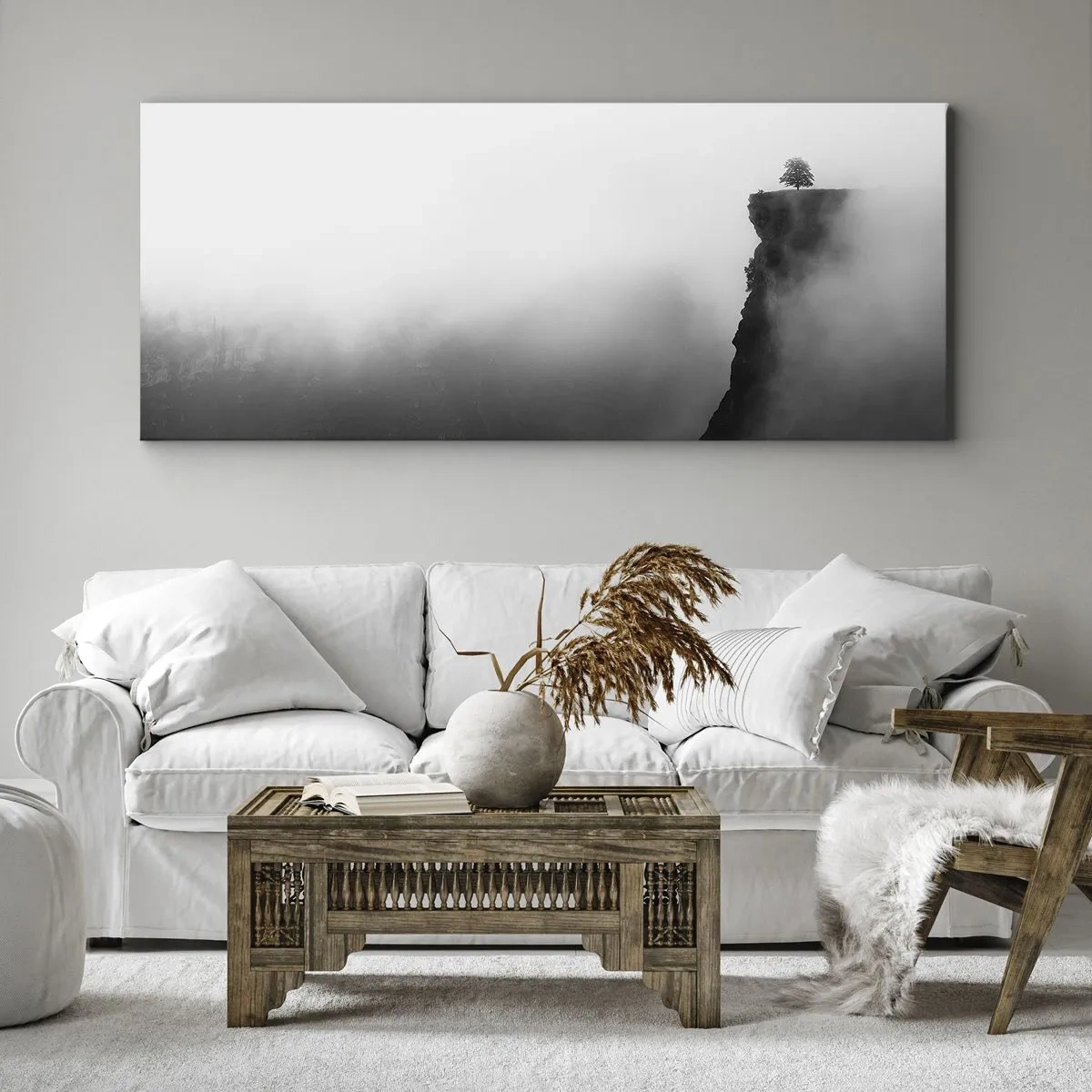 Impression sur toile - Image sur toile - Un arbre solitaire au bord d'une falaise entouré de brouillard - 120x50cm - Au bord du monde - Décoration murale moderne pour le salon et la chambre ARTTOR