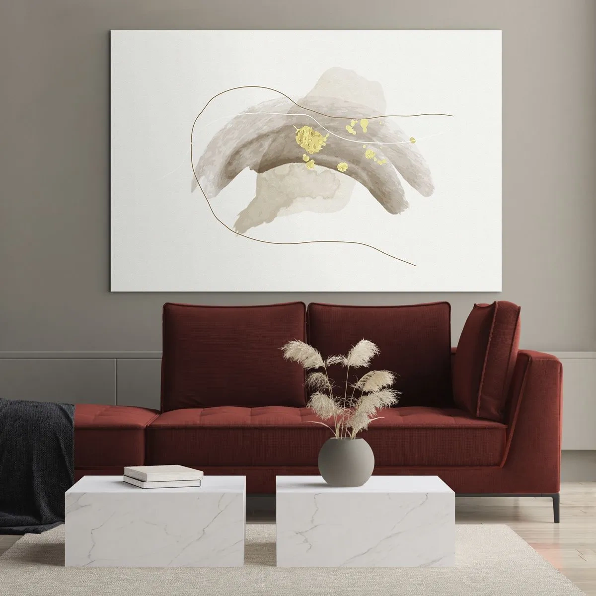 Impression sur verre - Image sur verre - Abstraction beige et or avec des lignes et des formes délicates - 120x80cm - rencontré dans l'espace - Décoration murale moderne pour le salon et la chambre ARTTOR