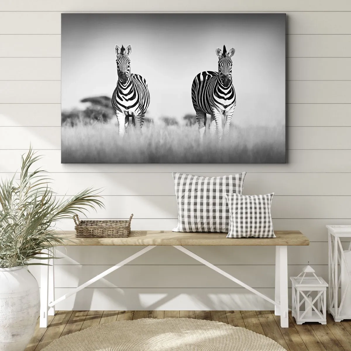 Impression sur toile - Image sur toile - Deux zèbres dans la savane dans un style monochrome - 120x80cm - Le monde est bel et bien noir et blanc - Décoration murale moderne pour le salon et la chambre ARTTOR
