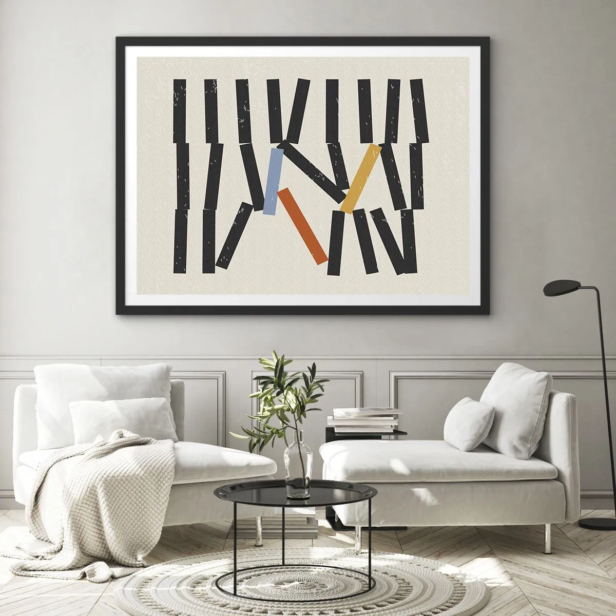 Affiche dans un cadre noir - Poster - Composition abstraite avec des rectangles colorés et noirs - 70x50cm - Dominos – composition - Décoration murale moderne pour le salon et la chambre ARTTOR