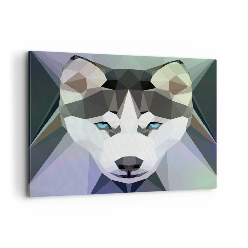 Impression sur toile - Image sur toile - Loup géométrique aux yeux bleus expressifs - 120x80cm - La mémoire des neiges du nord - Décoration murale moderne pour le salon et la chambre ARTTOR