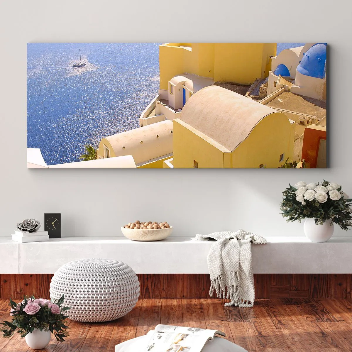 Impression sur toile - Image sur toile - Paysage grec en blanc et bleu ciel - 100x40 cm