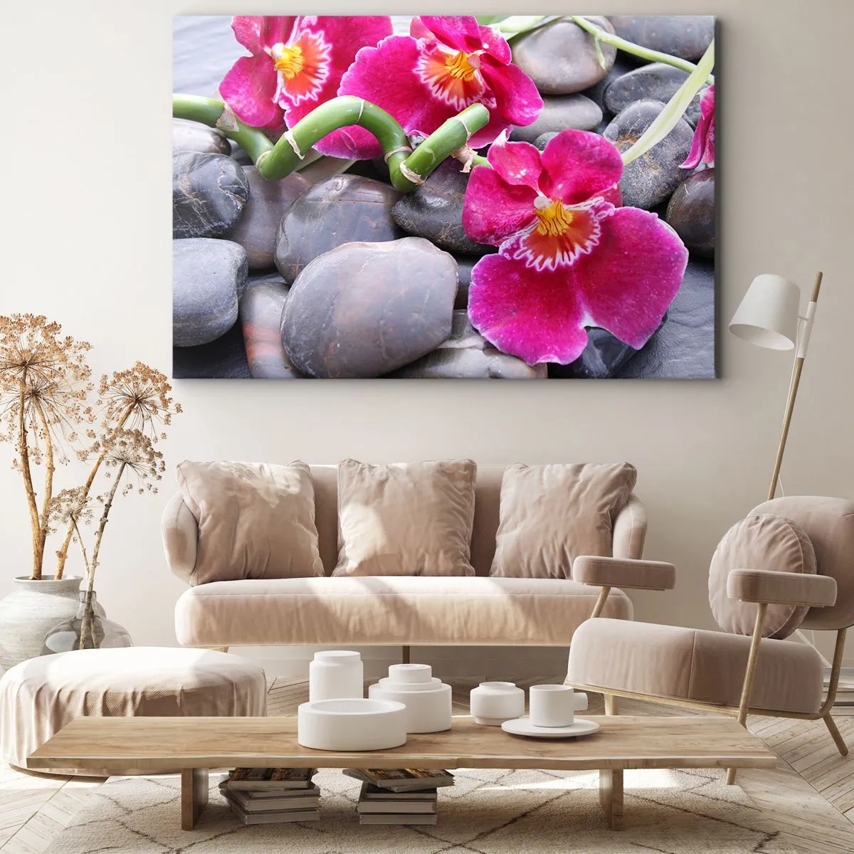 Impression sur toile - Image sur toile - Orchidées roses sur fond de pierres lisses - 70x50cm - Refroidir et chauffer - Décoration murale moderne pour le salon et la chambre ARTTOR