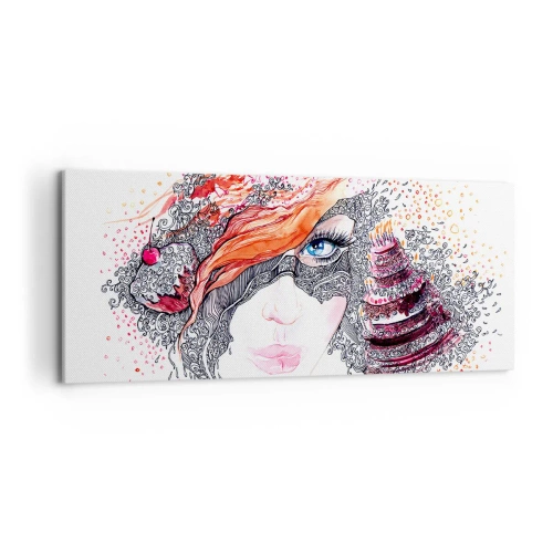 Impression sur toile - Image sur toile - Portrait artistique d'une femme avec des détails et un accent rouge - 120x50cm - Avec elle, c'est tous les jours la fête - Décoration murale moderne pour le salon et la chambre ARTTOR