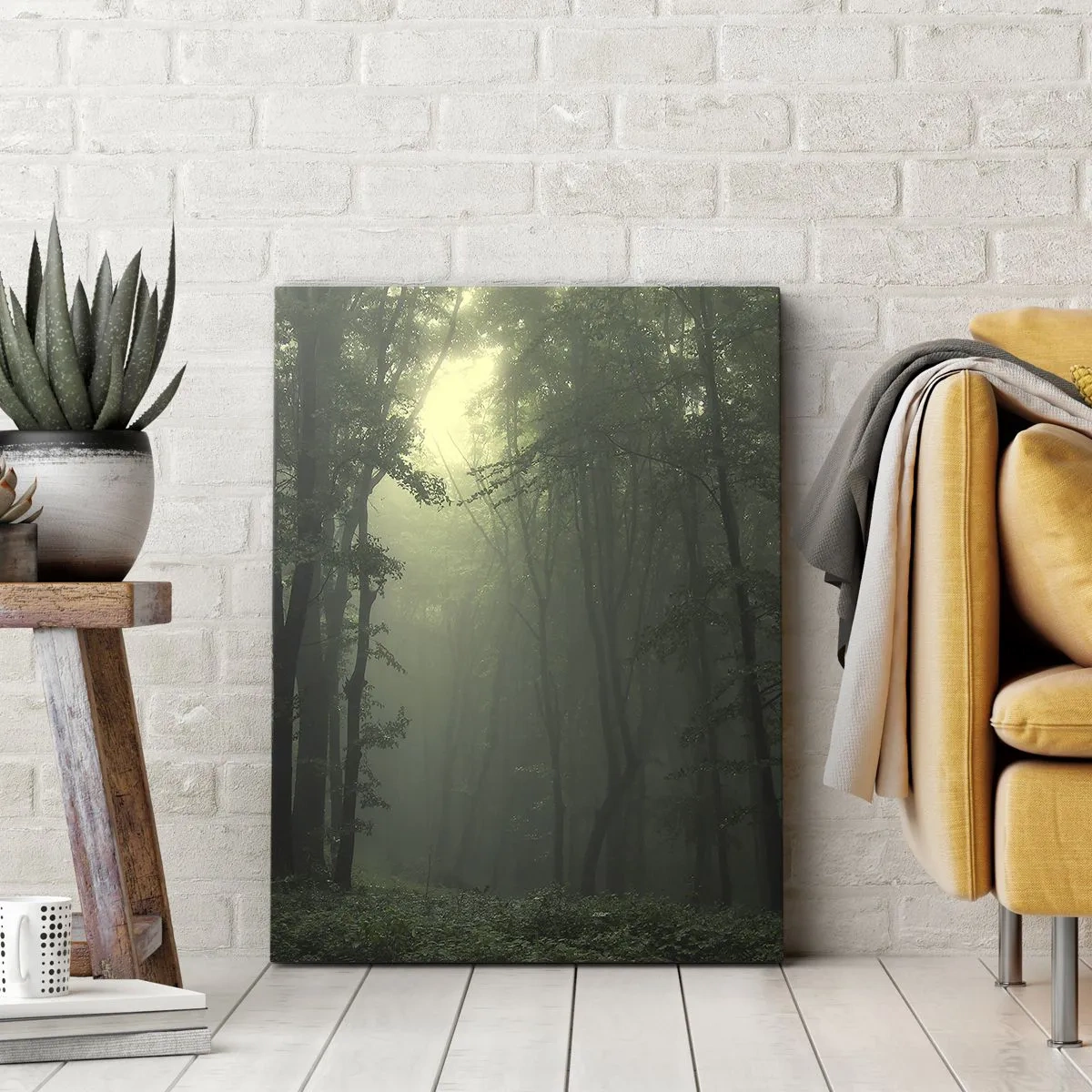 Impression sur toile - Image sur toile - Une forêt verte le matin enveloppée d'un brouillard délicat - 80x120cm - Avant qu'il ne se réveille - Décoration murale moderne pour le salon et la chambre ARTTOR