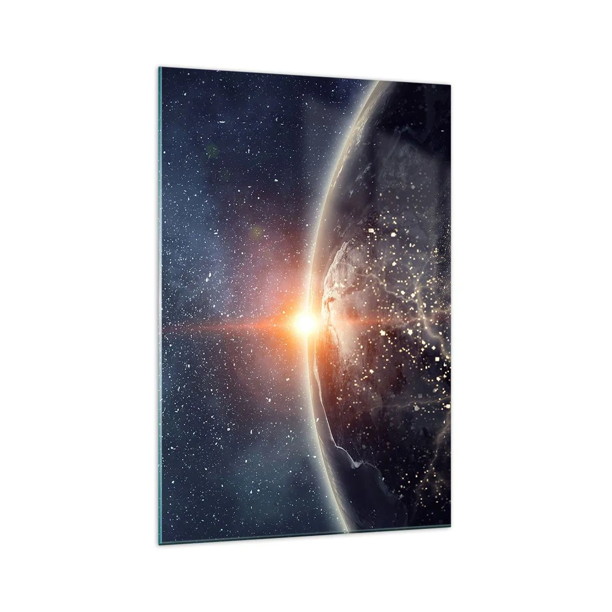 Impression sur verre - Image sur verre - La Terre vue de l'espace avec le soleil levant - 70x100cm - Dans une nouvelle perspective - Décoration murale moderne pour le salon et la chambre ARTTOR