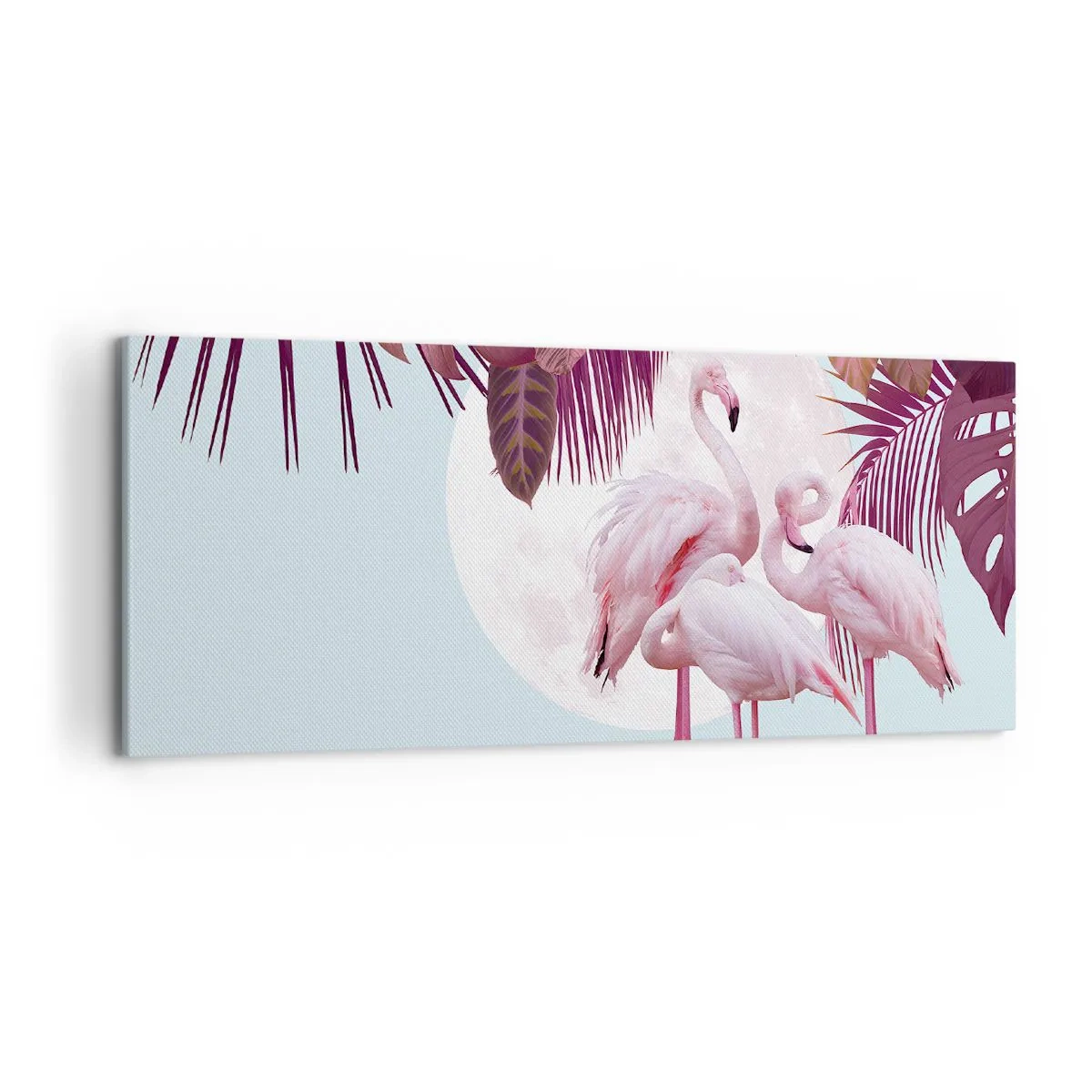 Impression sur toile - Image sur toile - Flamants roses sur fond de lune et de feuilles tropicales - 120x50cm - Trois oiseaux gracieux - Décoration murale moderne pour le salon et la chambre ARTTOR