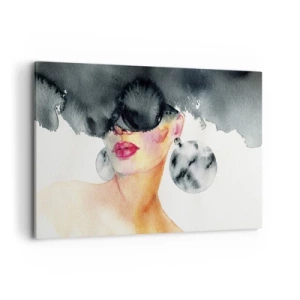 Impression sur toile - Image sur toile - Une femme portant des lunettes élégantes et de grandes boucles d'oreilles - 120x80cm - Secret de l'élégance - Décoration murale moderne pour le salon et la chambre ARTTOR