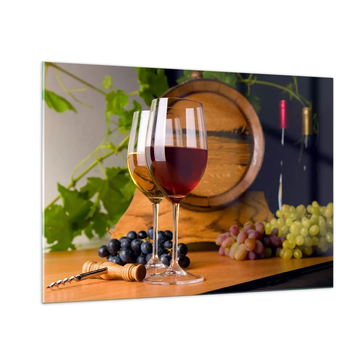 Impression sur verre - Image sur verre - Verres de vin, raisins et un tonneau sur fond de feuilles de vigne - 100x70cm - Comme les vieux maîtres - Décoration murale moderne pour le salon et la chambre ARTTOR