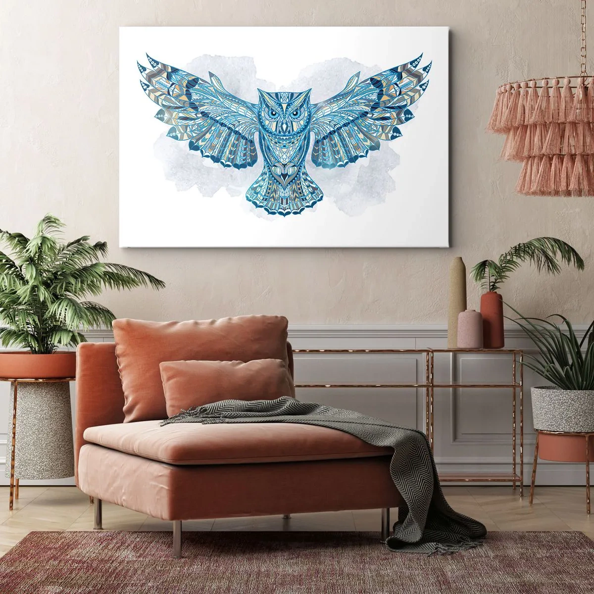 Impression sur toile - Image sur toile - Chouette décorative dans les tons de bleu - 70x50cm - D'un bosquet sacré celtique - Décoration murale moderne pour le salon et la chambre ARTTOR