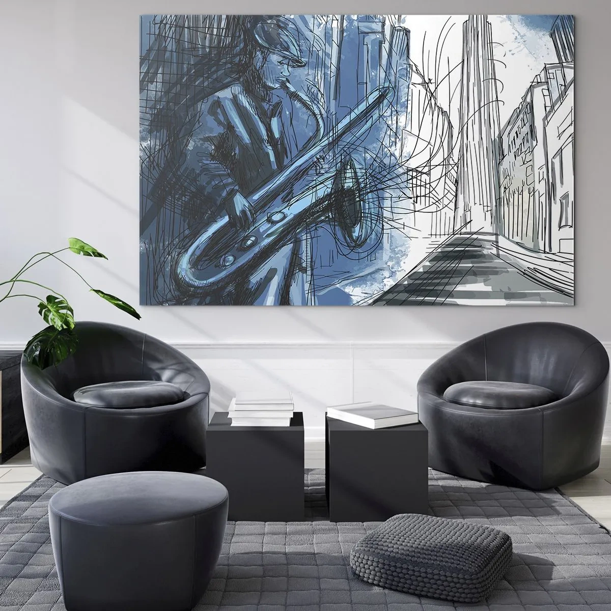 Impression sur verre - Image sur verre - Saxophoniste de jazz dans un décor urbain aux teintes bleues - 120x80cm - Rhapsodie urbaine - Décoration murale moderne pour le salon et la chambre ARTTOR