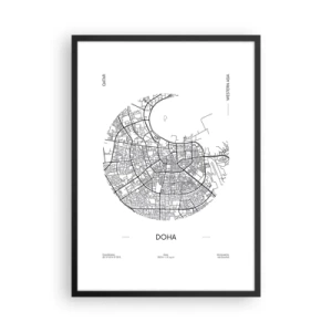 Affiche dans un cadre noir - Poster - Une carte minimaliste en noir et blanc de Doha - 50x70cm - Anatomie de Doha - Décoration murale moderne pour le salon et la chambre ARTTOR