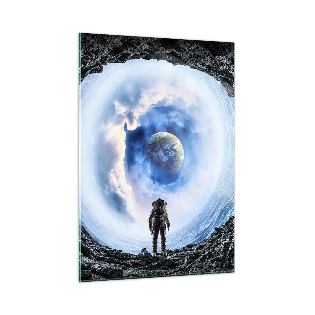 Impression sur verre - Image sur verre - Un astronaute regardant la Terre depuis l'intérieur d'une grotte rocheuse. - 50x70cm - Plus très loin de la maison - Décoration murale moderne pour le salon et la chambre ARTTOR