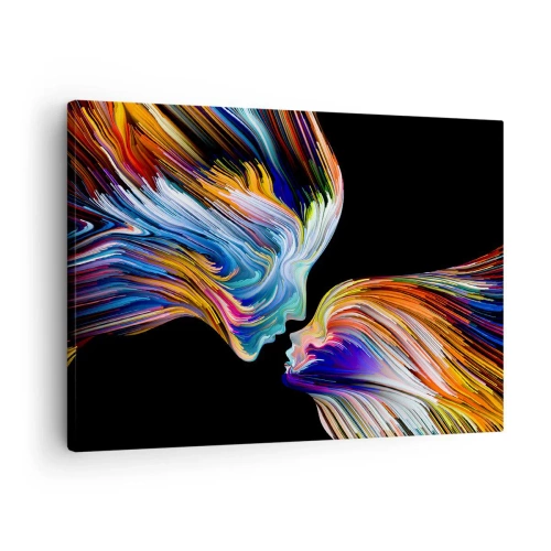 Impression sur toile - Image sur toile - Silhouettes colorées de visages dans des flux dynamiques sur fond noir - 70x50cm - Une fusion d'énergie et de lumière - Décoration murale moderne pour le salon et la chambre ARTTOR