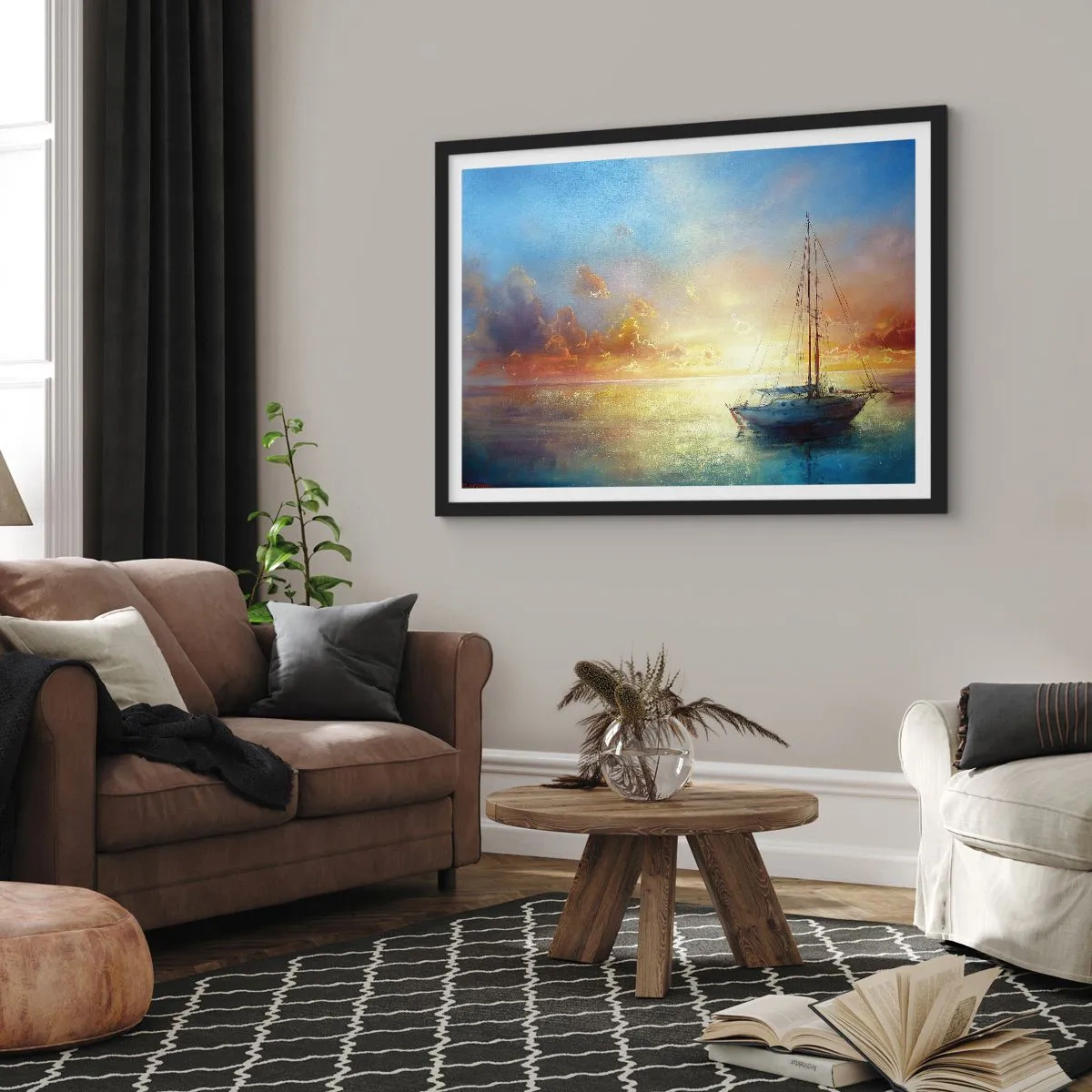 Affiche dans un cadre noir - Poster - Un yacht sur une mer calme au coucher du soleil - 70x50cm - Dans une baie dorée - Décoration murale moderne pour le salon et la chambre ARTTOR