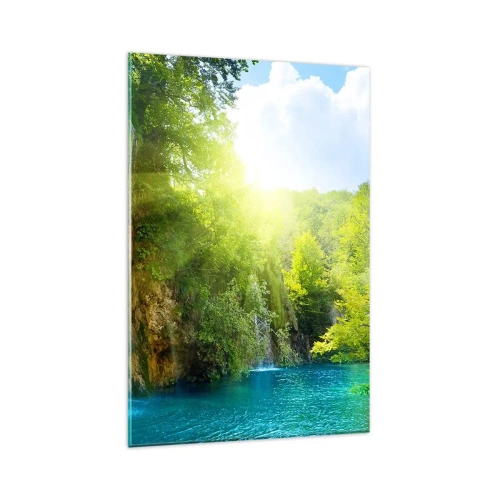 Impression sur verre - Image sur verre - Une cascade se jetant dans un lac turquoise entouré de verdure - 80x120cm - Ce doit être le paradis ici - Décoration murale moderne pour le salon et la chambre ARTTOR