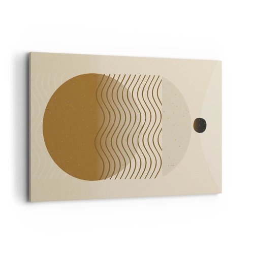 Impression sur toile - Image sur toile - Abstraction géométrique avec des cercles et des lignes ondulées aux couleurs chaudes. - 120x80cm - Sur l'origine des figures géométriques - Décoration murale moderne pour le salon et la chambre ARTTOR