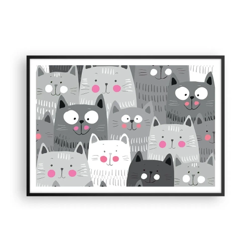 Affiche dans un cadre noir - Poster - Un motif amusant avec des chats dans des tons de gris - 100x70cm - Le monde des chats - Décoration murale moderne pour le salon et la chambre ARTTOR