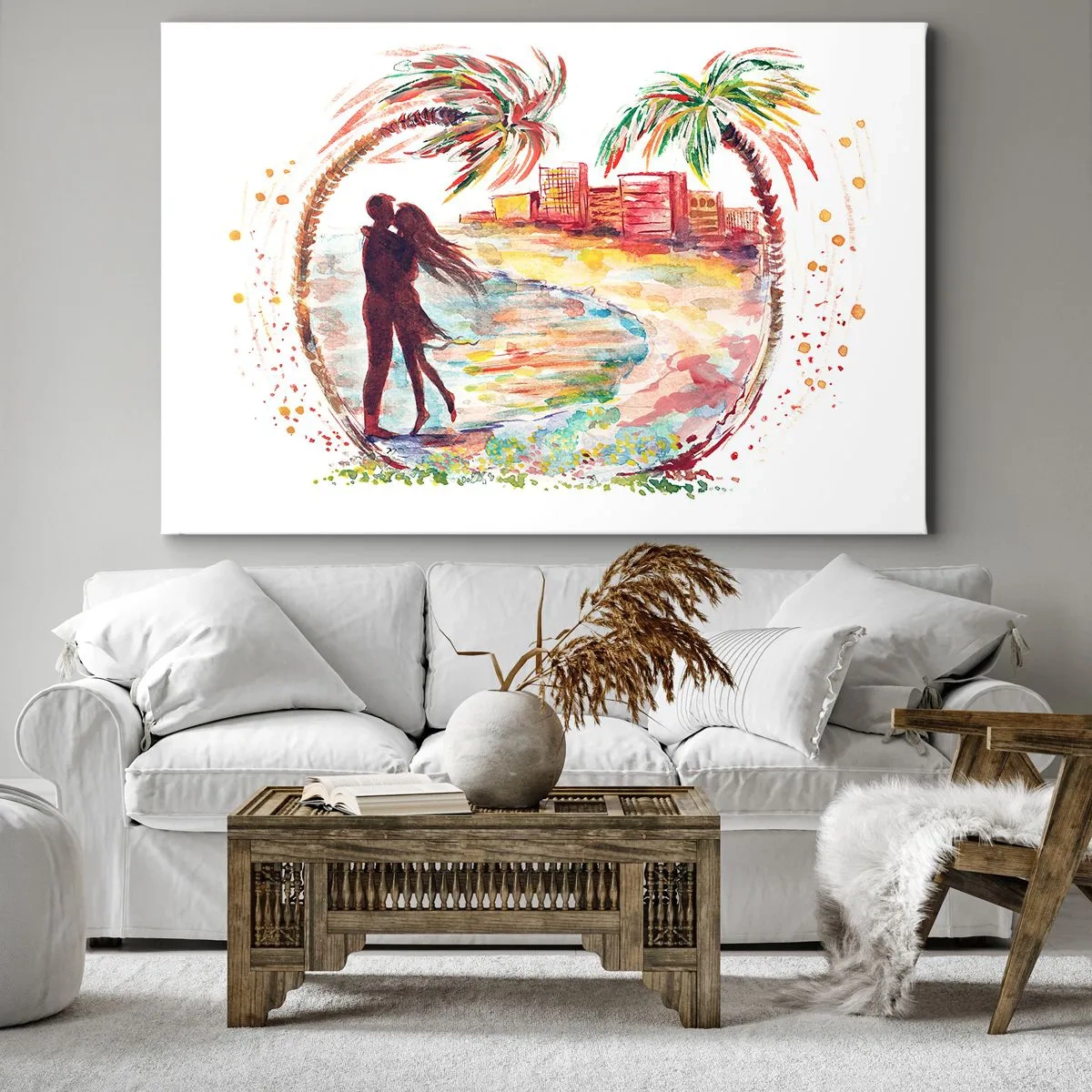 Impression sur toile - Image sur toile - Scène de couple romantique sur une plage avec des palmiers à l'aquarelle - 100x70cm - Vacances romantiques - Décoration murale moderne pour le salon et la chambre ARTTOR