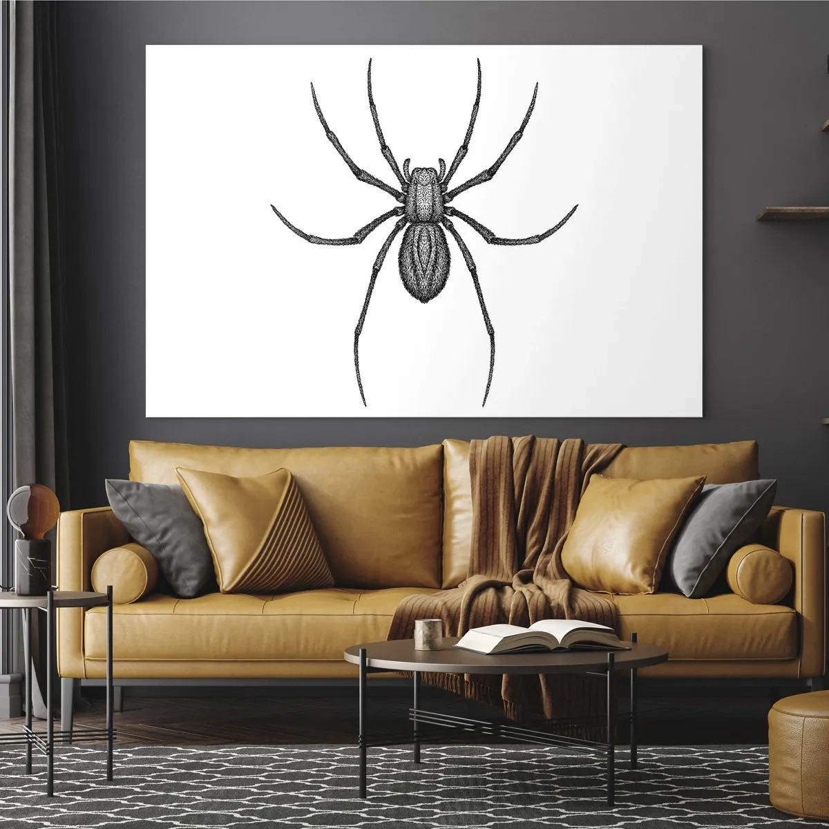 Impression sur verre - Image sur verre - Illustration de style rétro d'une araignée noire sur fond blanc - 120x80cm - Une précision troublante - Décoration murale moderne pour le salon et la chambre ARTTOR