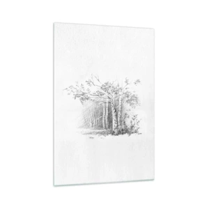 Impression sur verre - Image sur verre - Un dessin d'une forêt de bouleaux dans un croquis au crayon subtil - 70x100cm - Lumière d'une forêt de bouleaux - Décoration murale moderne pour le salon et la chambre ARTTOR