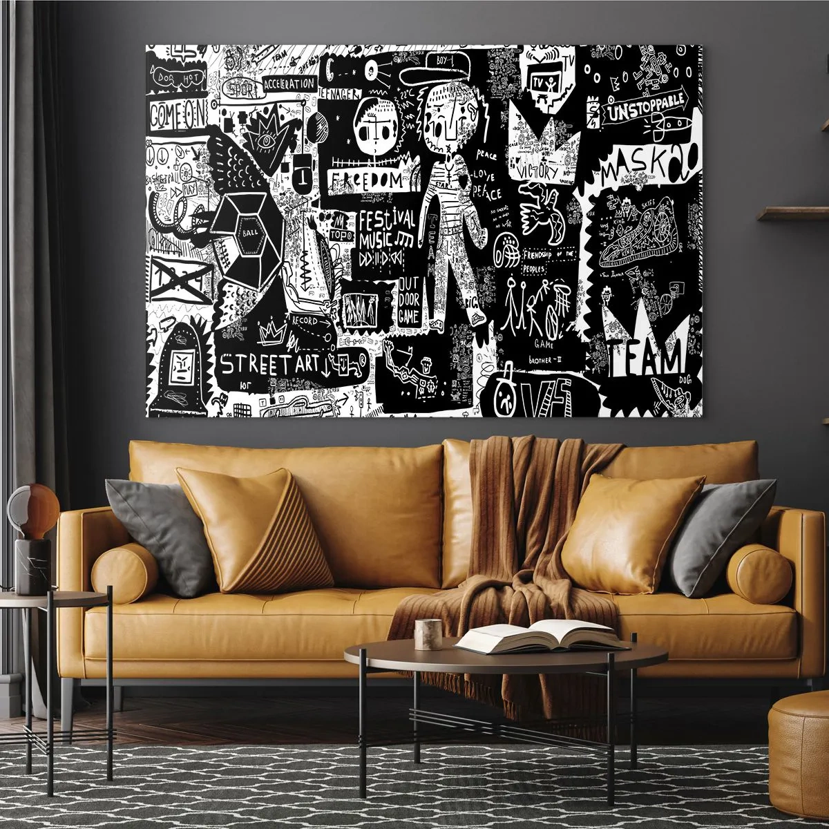 Impression sur verre - Image sur verre - Graphiques de style street art en noir et blanc avec personnages et symboles - 120x80cm - Jeunesse spirituelle de loi et de joie - Décoration murale moderne pour le salon et la chambre ARTTOR