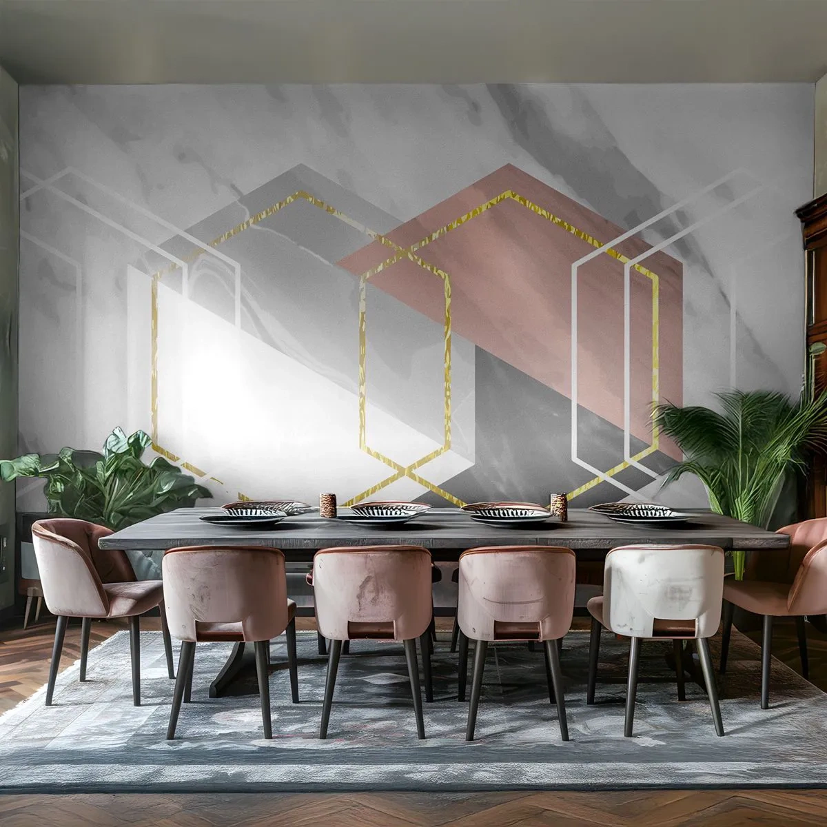 Papier Peint Autocollant Deluxe Sticker - Composition en chaîne - Abstraction, Morceau, Hexagone - 350x256 cm