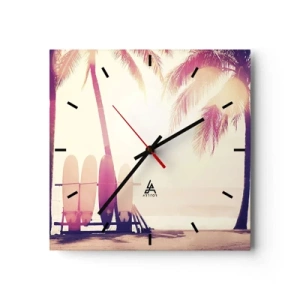 Horloge murale - Pendule murale - Palmiers et planches de surf sur la plage au soleil - 30x30cm - Ca va être une journée magnifique - Décoration murale moderne pour le salon et la chambre ARTTOR