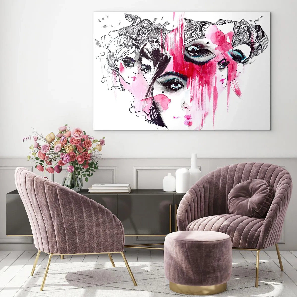 Impression sur verre - Image sur verre - Visages féminins abstraits avec des accents roses dans un style croquis. - 120x80cm - Yeux abstraits - Décoration murale moderne pour le salon et la chambre ARTTOR
