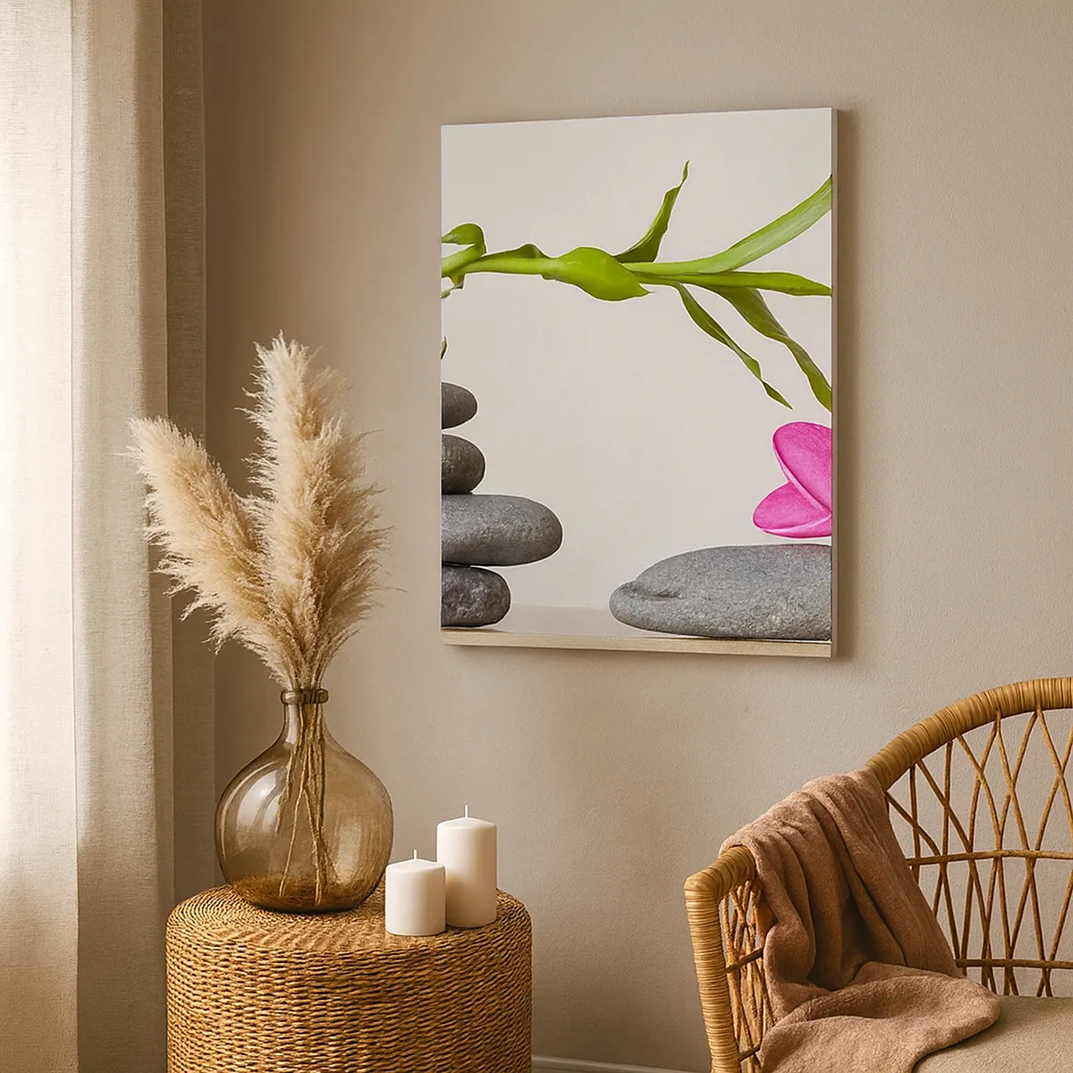 Impression sur toile - Image sur toile - Bambou et fleur rose sur pierres de style zen - 50x70cm - Couleurs de la vie et de la durée - Décoration murale moderne pour le salon et la chambre ARTTOR
