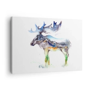 Impression sur toile - Image sur toile - Silhouette aquarelle d'un élan avec un paysage de montagne - 70x50cm - Le héros d'un conte d'hiver - Décoration murale moderne pour le salon et la chambre ARTTOR