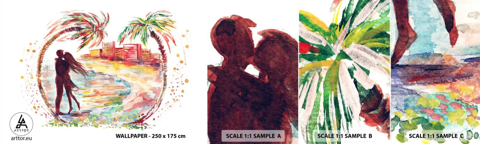 Échantillon de Papier Peint Autocollant Deluxe Sticker - Vacances romantiques - Personnes, Cocotier, Plage - 100x30 cm