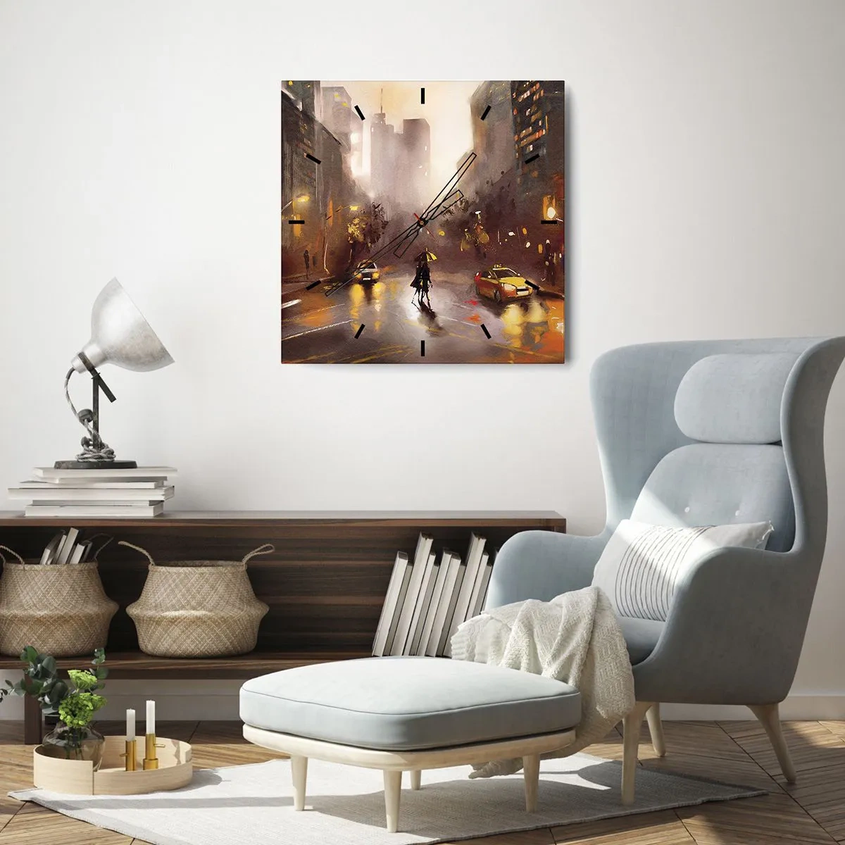 Horloge murale - Pendule murale - Une scène urbaine la nuit à la lumière des lampadaires et des reflets sur une rue mouillée. - 30x30cm - Dans les lumières de New-York - Décoration murale moderne pour le salon et la chambre ARTTOR