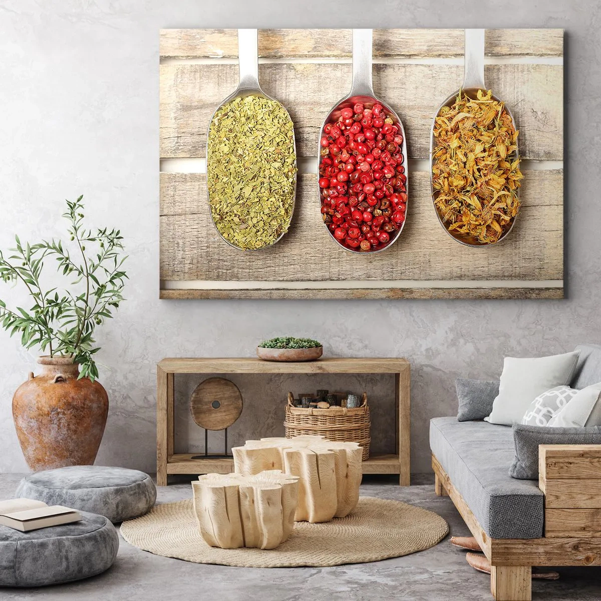 Impression sur toile - Image sur toile - Trois cuillères en métal avec des épices sur un fond en bois - 70x50cm - Magie de la cuisine - Décoration murale moderne pour le salon et la chambre ARTTOR