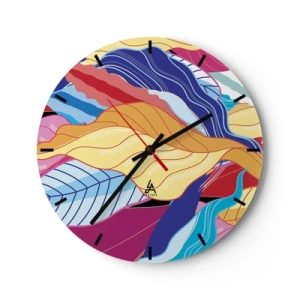 Horloge murale - Pendule murale - Abstraction colorée avec des motifs de feuilles et des lignes ondulées - 30x30cm - Un désordre coloré - Décoration murale moderne pour le salon, la cuisine et la chambre ARTTOR