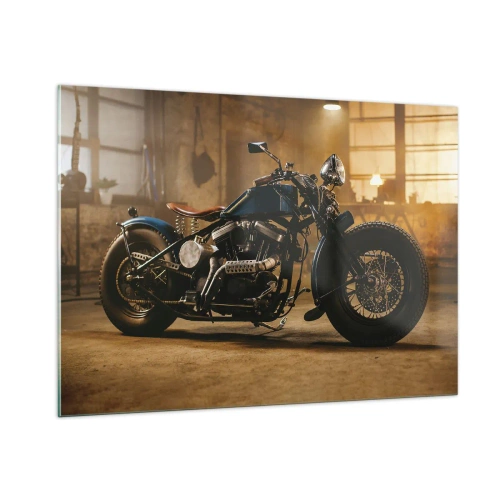 Impression sur verre - Image sur verre - Prise de vue atmosphérique d'une moto classique dans un garage - 100x70cm - Je peux tout - Décoration murale moderne pour le salon et la chambre ARTTOR