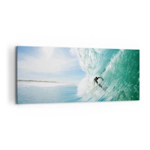 Impression sur toile - Image sur toile - Un surfeur chevauchant une vague au soleil contre un ciel bleu - 120x50cm - Toujours sur la vague - Décoration murale moderne pour le salon et la chambre ARTTOR