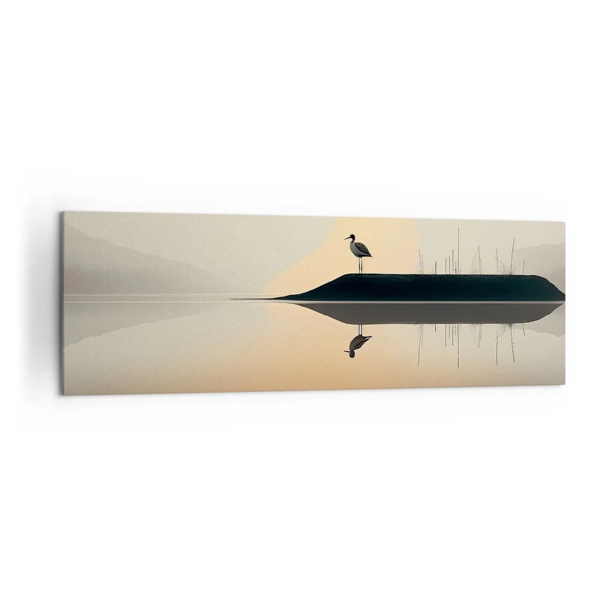 Impression sur toile - Image sur toile - Un oiseau sur une île dans un lac calme aux teintes chaudes - 160x50cm - Le seigneur du lac - Décoration murale moderne pour le salon et la chambre ARTTOR