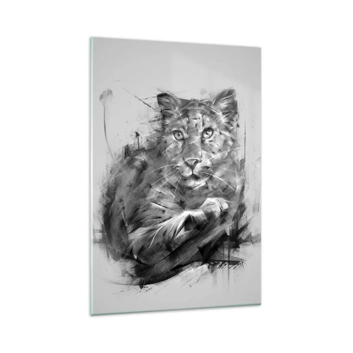 Impression sur verre - Image sur verre - Portrait noir et blanc d'un lion dans un style artistique avec des traits dynamiques. - 80x120cm - Oui, j'écoute attentivement - Décoration murale moderne pour le salon et la chambre ARTTOR