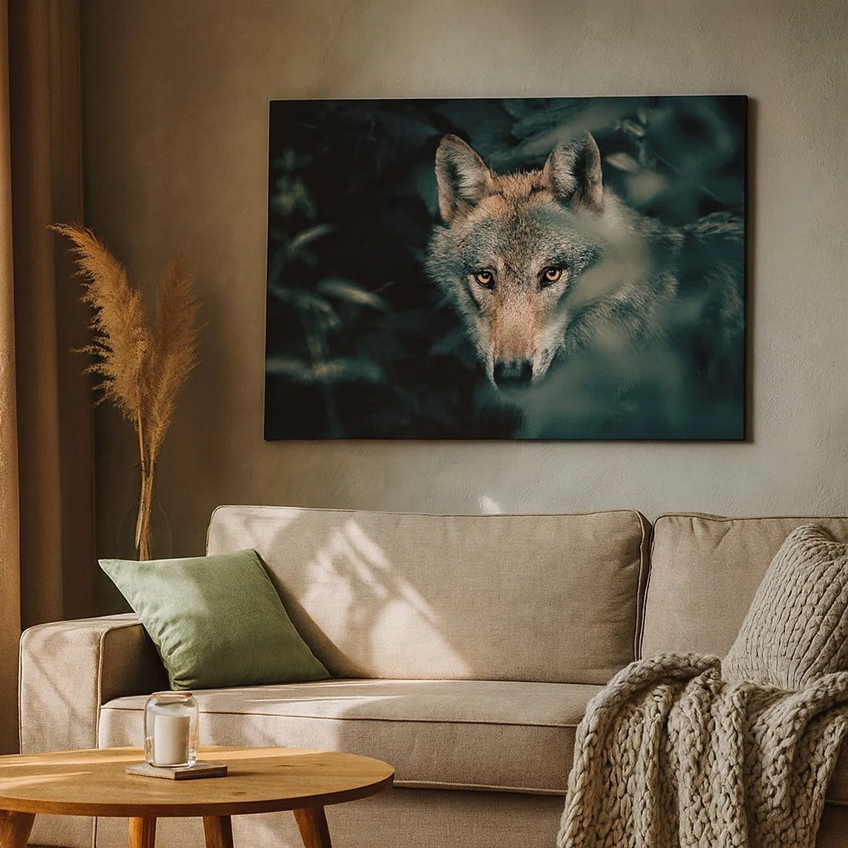 Impression sur toile - Image sur toile - Un loup dans son environnement naturel, regardant depuis les profondeurs de la forêt. - 70x50cm - Chasseur - Décoration murale moderne pour le salon et la chambre ARTTOR