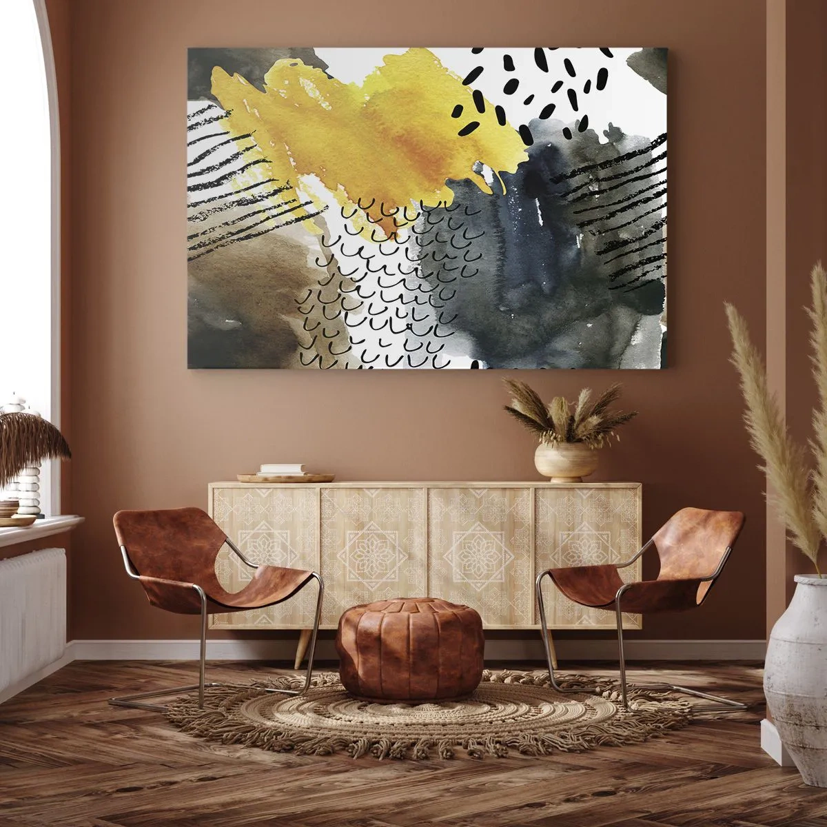 Impression sur toile - Image sur toile - Une composition abstraite avec des accents jaunes et des motifs graphiques. - 100x70cm - Rencontre des éléments - Décoration murale moderne pour le salon et la chambre ARTTOR