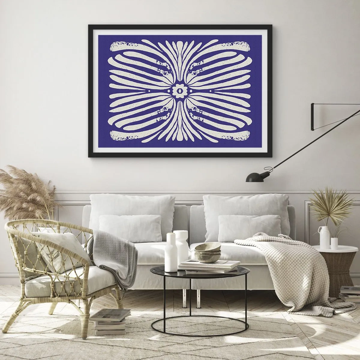 Affiche dans un cadre noir - Poster - Motif ethnique dans les tons violet et blanc - 70x50cm - Inspirations ethniques - Décoration murale moderne pour le salon et la chambre ARTTOR