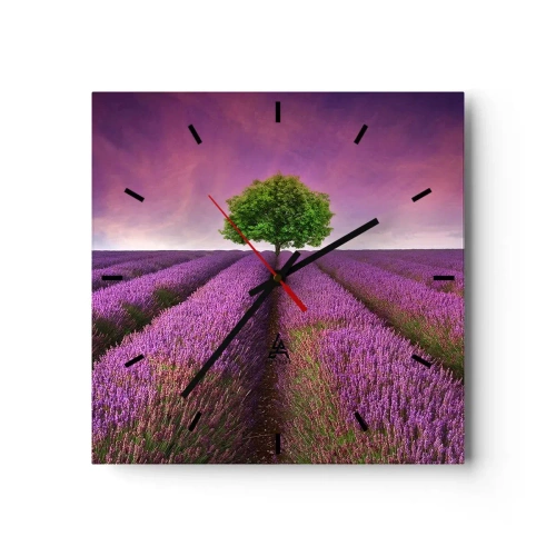 Horloge murale - Pendule murale - Un champ de lavande avec un arbre solitaire et un ciel violet - 30x30cm - Dans un champs de lavande - Décoration murale moderne pour le salon et la chambre ARTTOR