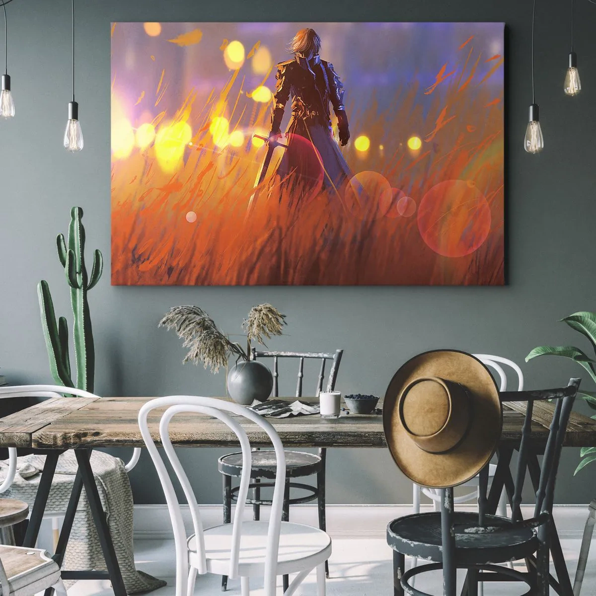 Impression sur toile - Image sur toile - La figure d'un chevalier à la lumière du soleil couchant dans un champ - 100x70cm - Chevalier errant - Décoration murale moderne pour le salon et la chambre ARTTOR