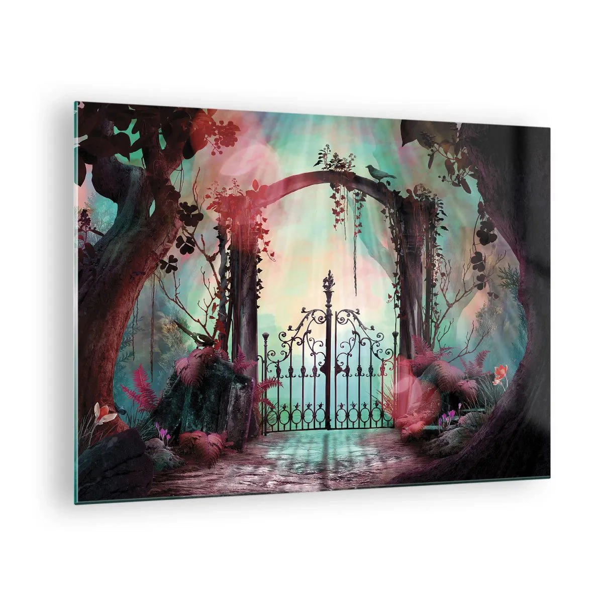 Impression sur verre - Image sur verre - Portes magiques dans une forêt de conte de fées - 70x50cm - Jardin secret - Décoration murale moderne pour le salon et la chambre ARTTOR