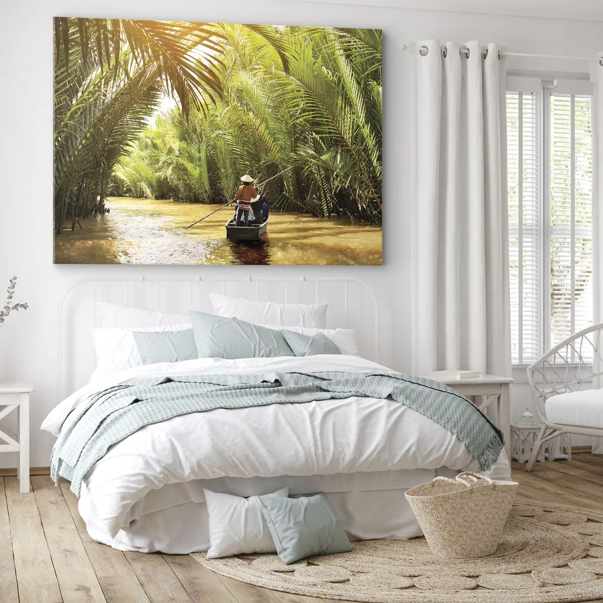 Impression sur toile - Image sur toile - Un bateau sur une rivière entourée de végétation tropicale - 120x80cm - Ravin de palmier - Décoration murale moderne pour le salon et la chambre ARTTOR